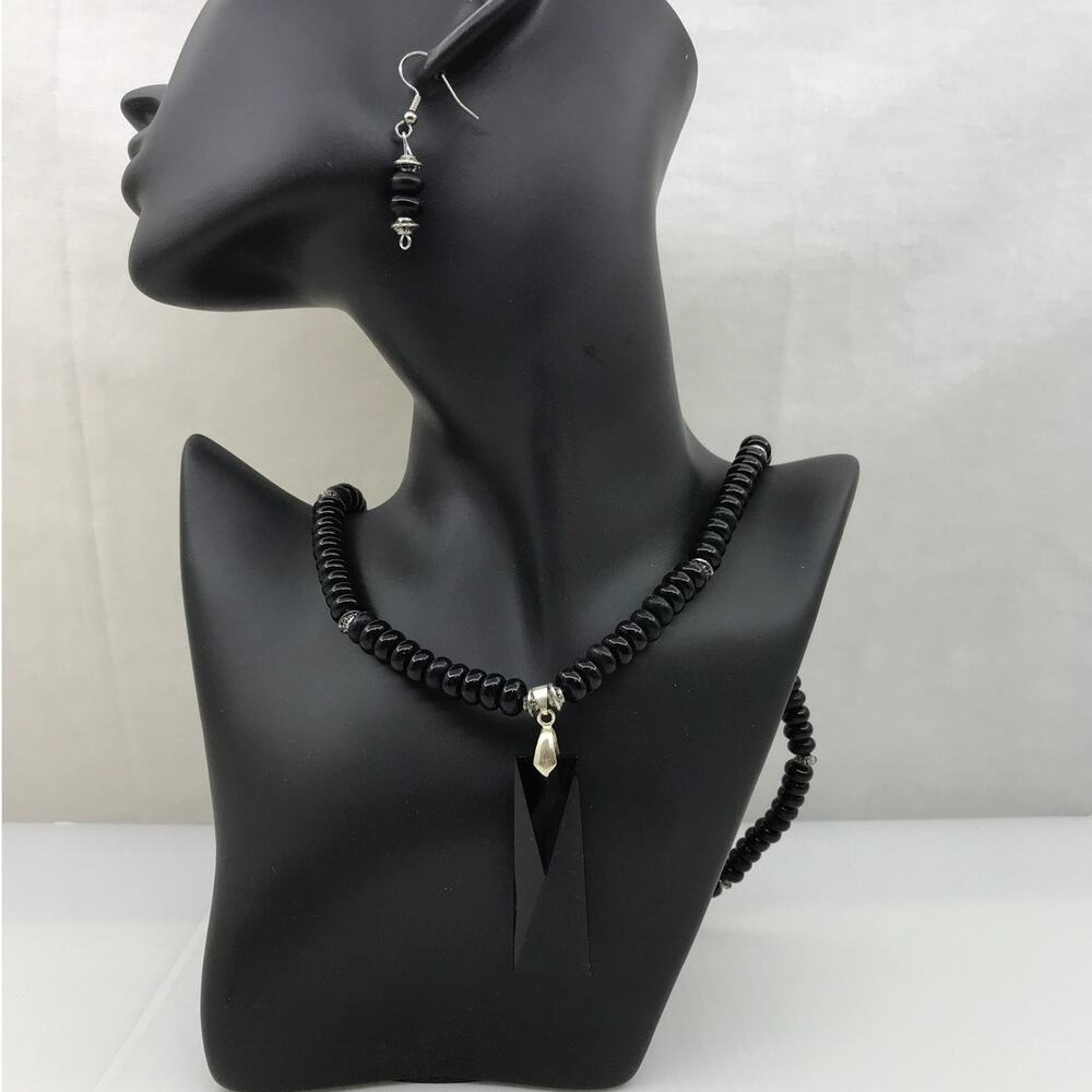 Retro Silver Tone Black Beaded Statement Necklace & Drop Earring Set Gothic